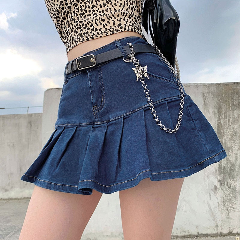 Drespot Women Jean Mini Skirt Y2K Ruffle Pleated Denim Short Skirt E-Girl Aesthetic Grunge Outfit