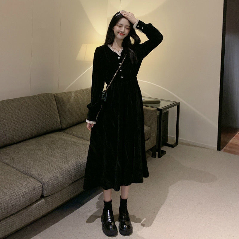 Drespot  Elegant Vintage Dress Women Long Sleeve Solid Black Party Dress Female V-Neck Lace Midi Gothic Dress Autumn  Office Lady