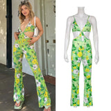 High Street Floral Ribbed Slit Jumpsuit Women Backless Hollow Out Halter Overalls Hipster Criss-Cross Bandage Romper Iamhohtty