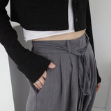 Drespot Women Baggy Pants Wide Leg High Waist With Sashes Front Pleats Loose-Fit Female Trousers Y2K Harajuku Streetwear