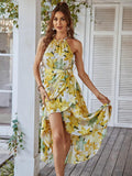 Drespot Yellow Printed Long Dress Summer  Bohemian Casual Vacation Suspender Dress Floral O-neck Sleeveless Beach Dress Robe Femme