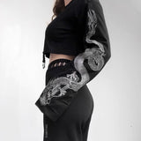 Drespot Dragon Sleeve Crop Top With Trigger Strap Mock Neck Cozy Pullovers Dark Gothic Women Tops Aesthetic E-Girl Y2K Outfit /