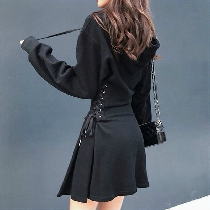 Long Sleeve Dress Women Gray Classy Slim Popular Stylish All-match Ins Criss-cross Mini Vintage Solid Hooded Empire Spring Daily
