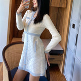 Drespot Elegant Knitted Dress Women Long Sleeve Button Designer Winter Office Mini Sweater Dress Patchwork One Piece Dress Korean