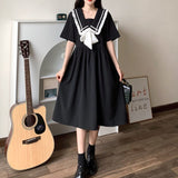 Black Dress Women Summer Bow  Elegant Vintage Dress Navy Kawaii Sweet Patchwork Sundress Lolita Preppy Style Outfits