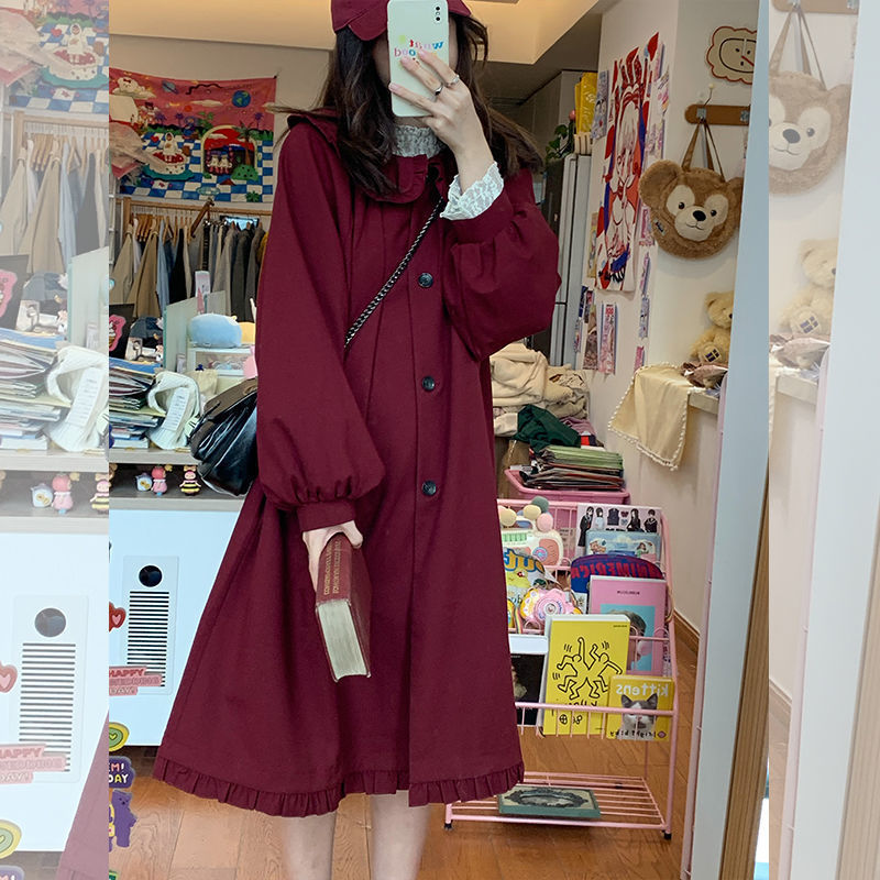 Drespot Kawaii Preppy Style Dress Long Sleeve Autumn Winter Dresses Loose Sweet Lolita Peter Pan Collar Ruffles Female Robe