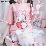 Drespot  Summer Japanese Women Cute Lolita Pink T-Shirts Kawaii Strawberry Bunny Graphic Ruffles Short Sleeve Tops Girl Rabbit Tee Tshirt