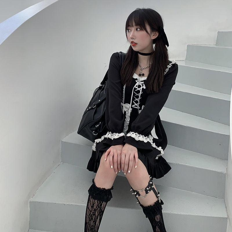 Drespot Kawaii Lolita Milkmaid Dress Women Japanese Maid Costume Gothic Lolita Ruffle Bandage Staple Dress Long Sleeve Autumn
