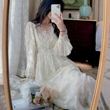 Autumn White Elegant Fairy Dress Women High Waist Princess Lace Vintage Dress Female Long Sleeve V-Neck Party Casual Sundress
