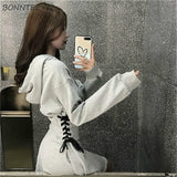 Long Sleeve Dress Women Gray Classy Slim Popular Stylish All-match Ins Criss-cross Mini Vintage Solid Hooded Empire Spring Daily