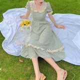 Elegant Floral Party Midi Dress Women Slim Print French Casual Vintage 70s Clothes Lace Cottagecore Beach Boho Dress Summer