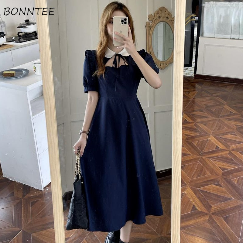Dresses Women Elegant Fashion Loose Mid-calf Hollow Out French Retro Patchwork Short Sleeve BF Style Turn-down Collar Vestidos