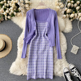 Drespot  Knitted Two Piece Set Women Crop Top + Sexy Spaghetti Strap Plaid Dress Suits Sweet Long Sleeve Sweater Cardigan 2 Piece Suits