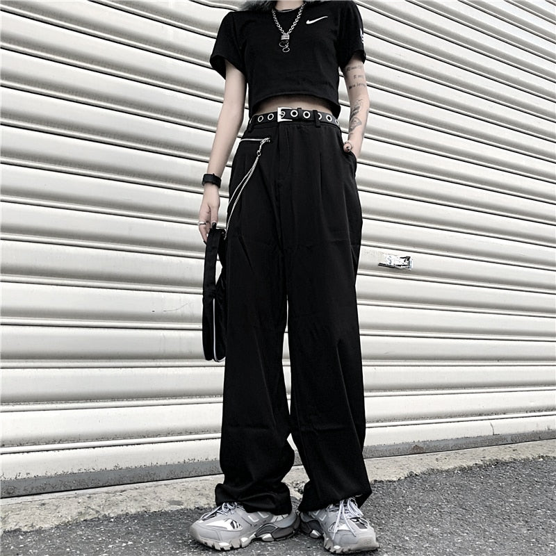 Drespot Women Black Wide Leg Pants With Chain High Waist Long Trousers Outfits Harajuku E-Girl Street Wear
