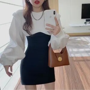 Drespot  Fashion Korean Style Bodycon Mini Dress Women Kpop Lantern Sleeve Slim Wrap Short Dresses Casual Autumn Winter Female