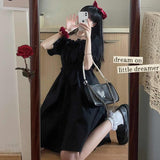 Drespot Balck Puff Sleeve Women Dresses  Gothic Wrap Kawaii Cute Dress Goth Casual Sundress Dark Academia Clothes
