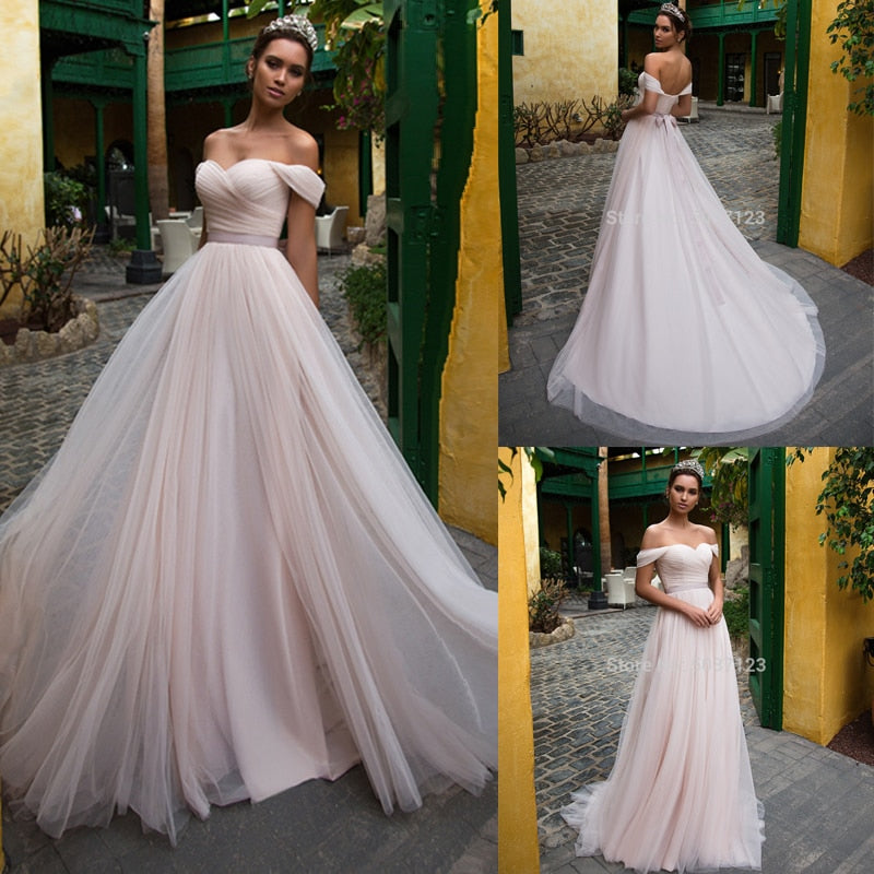 Pink Tulle Wedding Dresses with Sleeves  Off Shoulder Sweetheart Lace Up Floor Length Wedding Bridal Gowns Vestido de noiva