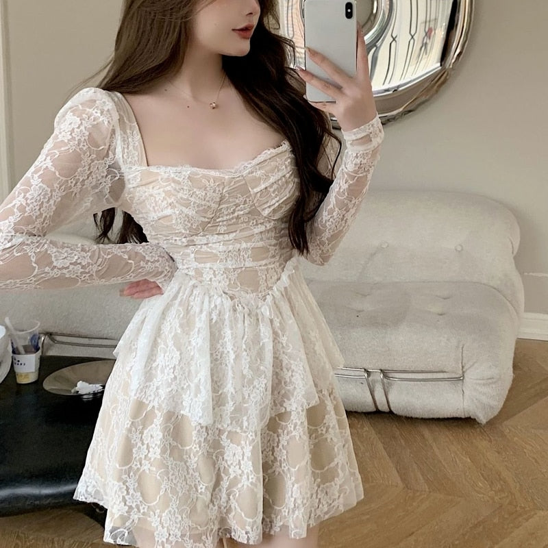 Winter French Fairy Dress Women Lace Patchwork Sexy Party Mini Dresses Female Clothing Solid Vintage Slim Kawaii Dress