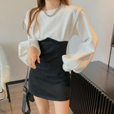 Mini Dress Women Patchwork Lantern Sleeve High Waist O-Neck Casual Ladies Vestidos Temperament Loose Korean Style Fashion Chic