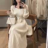 Drespot Knitted Dress Women Casual Long Sleeve Vintage Elegant Office Sweater Dress Female  Autumn One Piece Dress Korean Outerwear