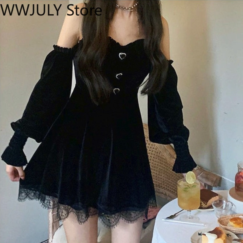 Drespot  Gothic Black Velvet Dress Evening Party Long Sleeve Y2k Mini Dress Women Vintage Elegant One Piece Dress Korean  Autumn