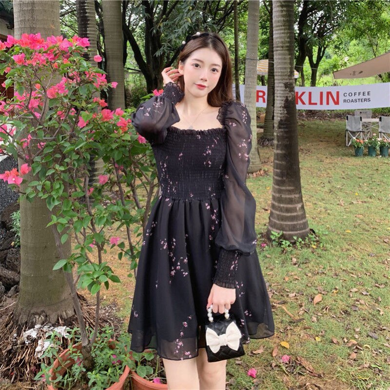 Drespot  Autumn Sexy Black Mini Dress Women Vintage Flower Long Puff Sleeve Chiffon Dresses Korean Fashion Party Vestidos Mujer