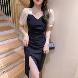 Drespot Vintage  French Elegant Midi Dress for Women Puffer Sleeve Vintage Dress Female Sweet Party One Piece Dresses Korean Black
