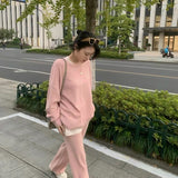 Drespot Women New Casual 2 Pieces Knitted Set Long Sleeve Patchwork Sweater Long Trousers Autumn Winter Female Wide Leg Pants Suit