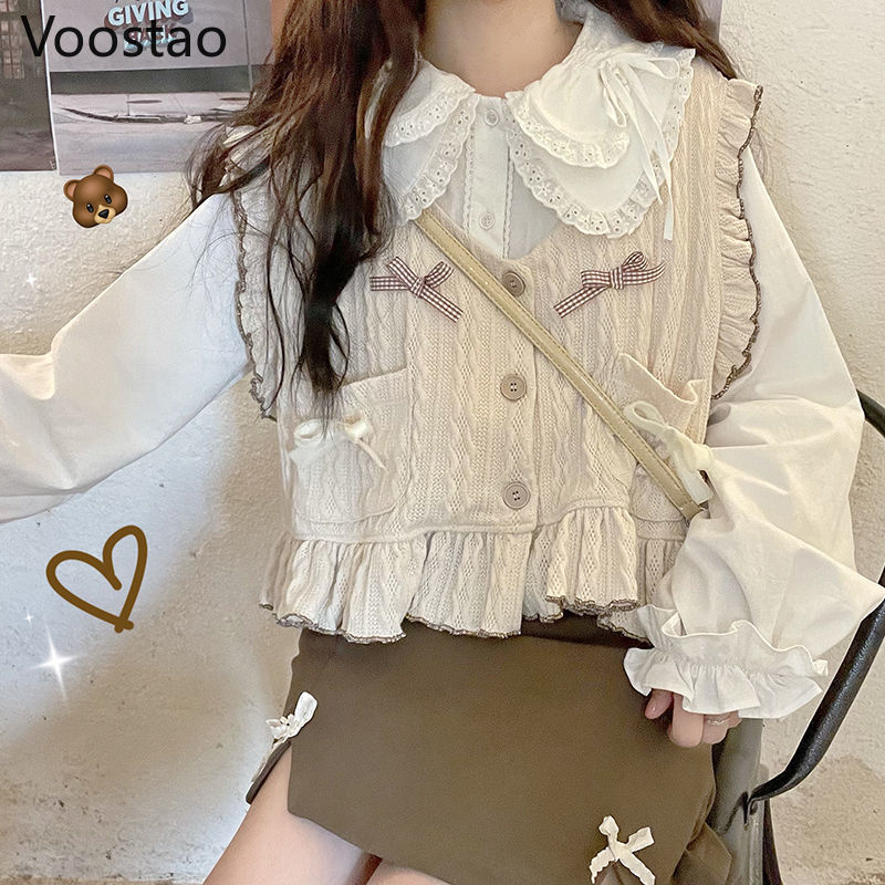 Drespot  Spring Autumn Sweet Lolita Bow Knitted Sweater JK Cardigan Women Cute Sweater Vest Coat Korean Chic Ruffles Sleeveles Waistcoat