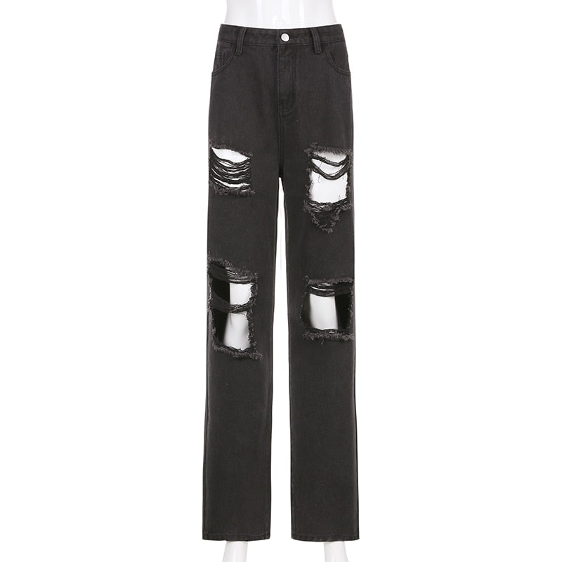 Black Hole Ripped Distressed Straight Women's Fashion Jeans Oversize High Waist Baggy Boyfriend Punk Denim Pants Street Iamhotty