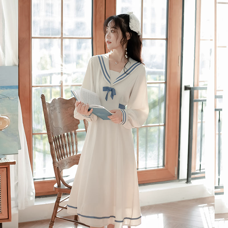 Drespot Kawaii Japanese Preppy Style Dress Bow Patchwork Sailor Collar Lolita Dresses Mori Girl Streetwear Elegant Vintage Robe