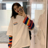 Drespot Rainbow Striped Long Sleeve T-shirt for Women  Autumn Korean Fashion White Tops Tee Shirt Female Kpop Alt Clothes