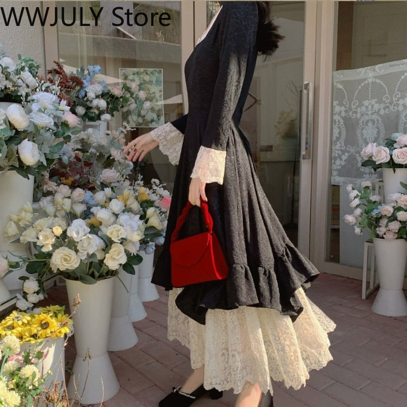 Drespot  Drespot  French Vintage Elegant Dress Women Party Long Sleeve Lace Black Y2k Midi Dress  Winter Face Two Piece Dress Korean Fashion