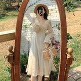 Drespot Vintage Maxi Dress for Women Party Chiffon Fairy Dress Elegant French Sweet Puff Long Sleeve High Waist Casual Slim Vestidos New D18
