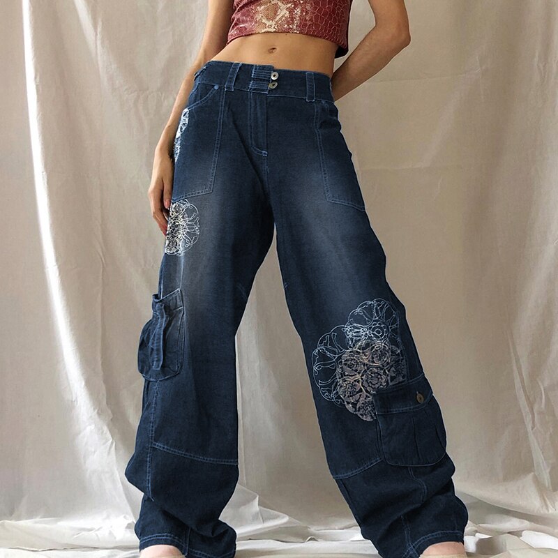 Harajuku Graphic Print Grunge Jeans Wide Leg Baggy Cargo Pants Vintage High Waist Denim Trousers Y2K Oversized Jeans Iamhotty