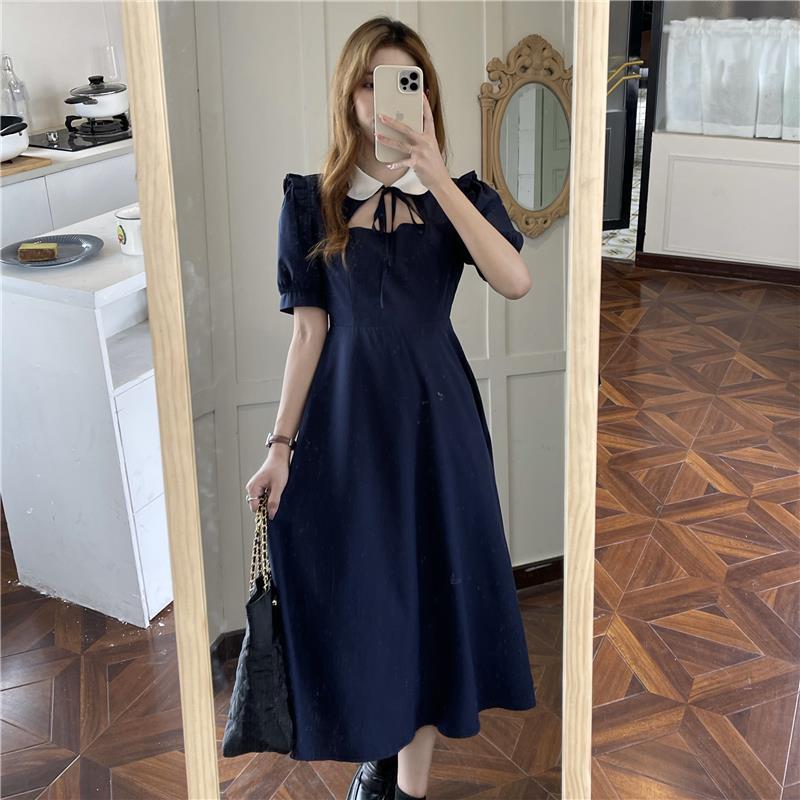 Dresses Women Elegant Fashion Loose Mid-calf Hollow Out French Retro Patchwork Short Sleeve BF Style Turn-down Collar Vestidos