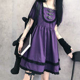 Drespot Goth Japanese Harajuku Gothic Lolita Dress  Puff Sleeve Party Purple Plaid Dress Lace Ruffle Dress Sweet Pastel