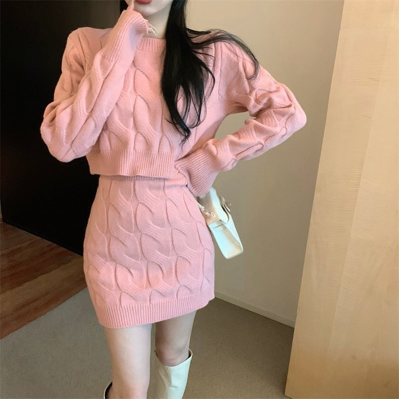 Drespot  Lazy Autumn Elegant Ladies Knitted Sweater Skirt 2 Piece Set Women Fashion O Neck Long Sleeve Pullovers Crop Top Skirt Suits