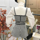Drespot  Autumn Vintage Houndstooth 3 Piece Set Women Turtleneck Shirt Blouse + Vest Crop Top + Shorts Suits Korean Sweet Pant Suits