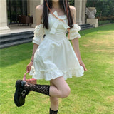 Drespot White Kawaii Fairy Dress for Girls Summer Cute Princess Off Shoulder Ruffle Party Mini Dresses Woman Casual Sundress 0525