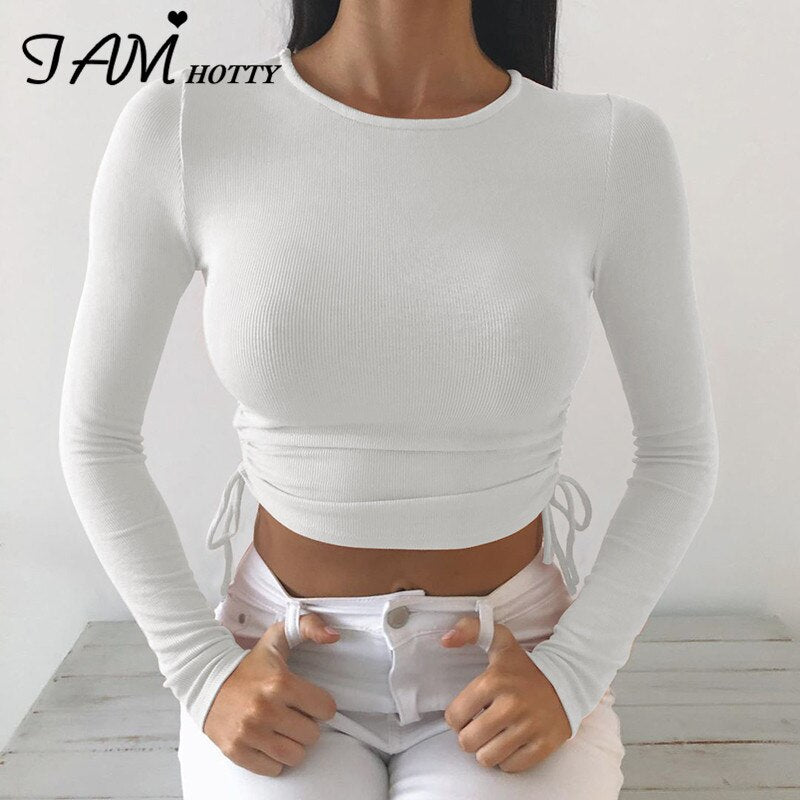 IAMHOTTY Autumn Solid Basic Cotton Croped T shirt  Brand Ribbed Long Sleeve Ruched Knitting Korean Style Streetwear Club Top