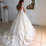 Ball Gown Illusion Scoop Wedding Dresses with Cap Sleeves Sexy Sleeveless V Back Lace Appliques Bridal Gowns Robe de Mariee