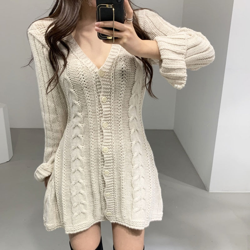Drespot  Twisted Knitted Sweater Mini Dress Women V-Neck Single Breasted Party Dress Autumn Winter Long Sleeve Korean Casual Dresses Robe
