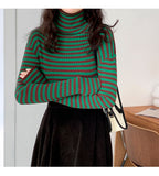 Drespot  Winter Turtleneck Striped Knitting Tops Female Fashion Long Sleeve Casual Slim Basic Women's Pullovers Tops Autumn