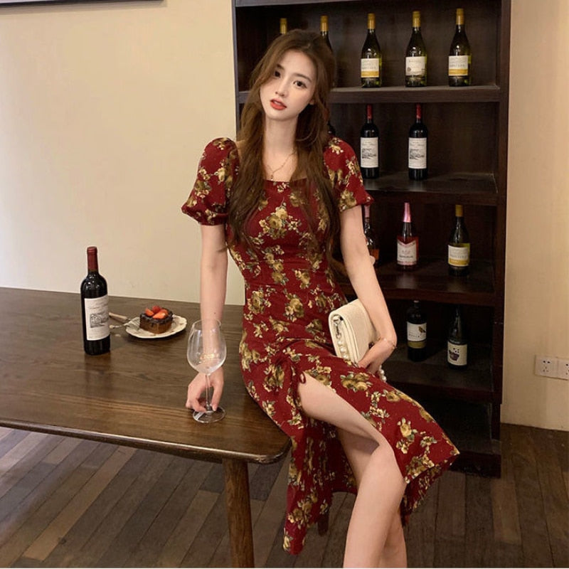 Vintage Elegant Floral Dress for Women Short Sleeve Midi Dresses Square Collar French Retro Sexy Party Dress Korean Summer