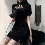 Drespot Vintage Black Chinese Cheongsam Velvet Dress Qipao Spring  Retro Gothic Cut Out Bodycon Wrap Sexy Mini Dress Women