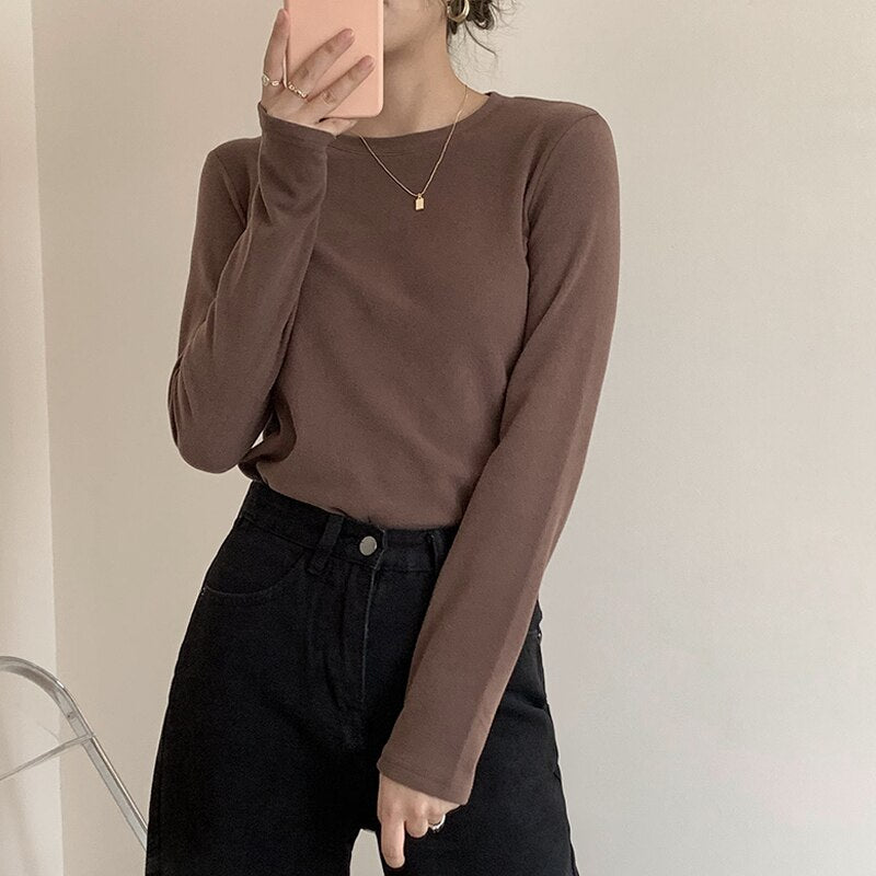 Drespot Autumn Winter Velvet Women's T-Shirts  New Solid Color Long Sleeve O Neck Warm Casual Shirts Female Knitting Tops