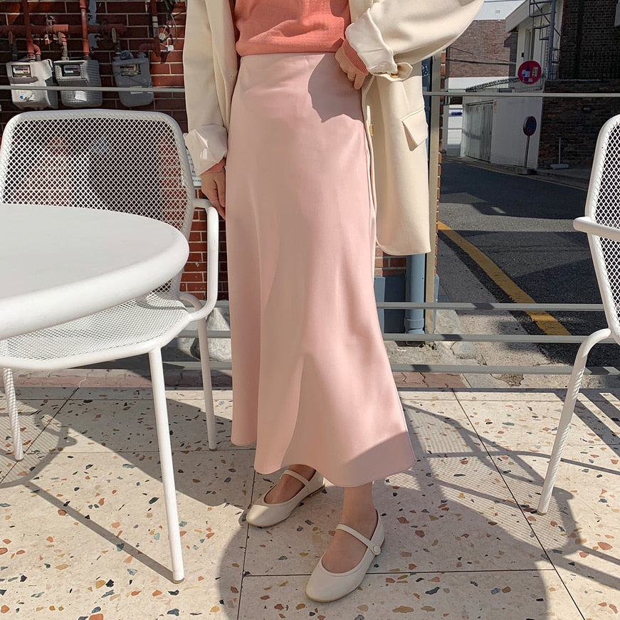 Drespot Summer Spring Women Elegant High Waist Satin Skirt Female Casual A-Line Midi Silk Fashion Skirt