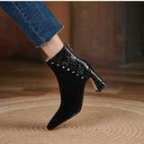 Drespot  Rivet Women's Boots Pointed Toe High Square Heel Velvet Ladies Ankle Boots Winter Office Lady Sexy Fashion Gentle Female Shoes