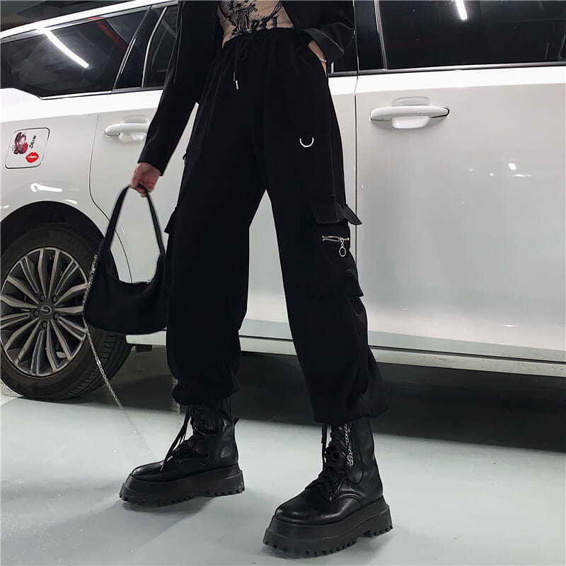 Black Cargo Pants Women Techwear Hippie Pockets Streetwear Punk Korean Style Oversized Trousers Female Sweatpants